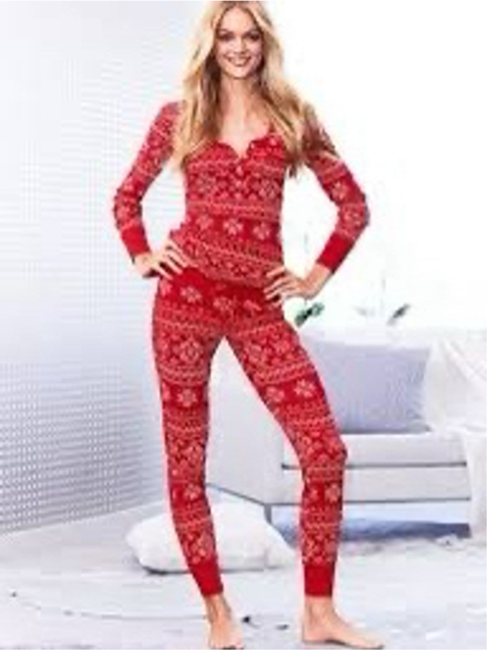 Victoria's Secret Lipstick Red Fair Isle Thermal Long Pajama Set Size S/P
